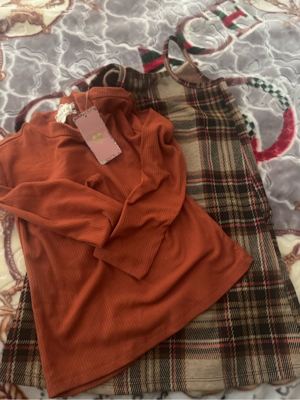 Rust Ribbed Long Sleeve Top with Plaid Slip Skirt Set